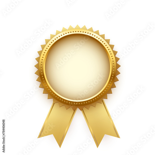 Gold medal for first place with ribbons and free space for award nomination name. Golden winner rank one on white background. Championship in sport or movie vector illustration