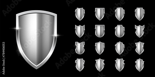 Silver shields with frame set for emblem, logo, badge, label. Vector luxury design elements. Royal medieval military armor collection isolated on black background. War trophy, heraldic symbol