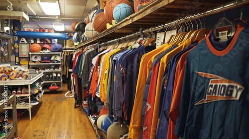 Thrift shop dedicated to sports memorabilia and athletic wear, featuring items from various decades, sporty decor, --ar 16:9