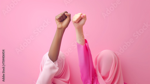 Women s Day  Hijabi female raised hands isolated on a pink background.