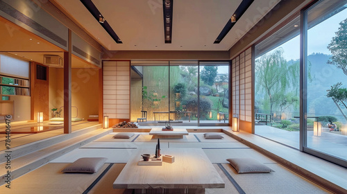 A Japanese-style home with a large open space and natural light. The room is filled with rugs, cushions, including a table with a vase and bowl, and mountain views. Ai generated