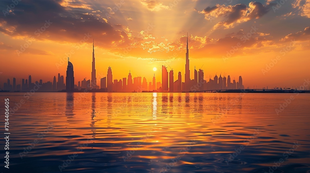 Vibrant sunset casting golden hues over the Dubai skyline, modern architectural wonders, --ar 16:9
