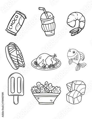 Food and drink coloring page, food doodle, drink doodle, food icons, drink icons, food and drink icons