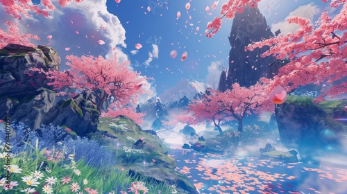 VR utopia featuring an eternal spring environment, perpetual blossoming flowers and perfect weather, --ar 16:9