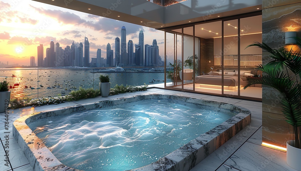 mpressive spacious penthouse terrace with pool and views of Dubai. Skyscrapers of the United Arab Emirates.