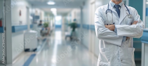 Health care and medicine. Medicine and technology. Doctor standing on hospital background