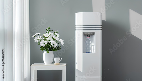 Modern water cooler and vase with flowers on end table near grey wall