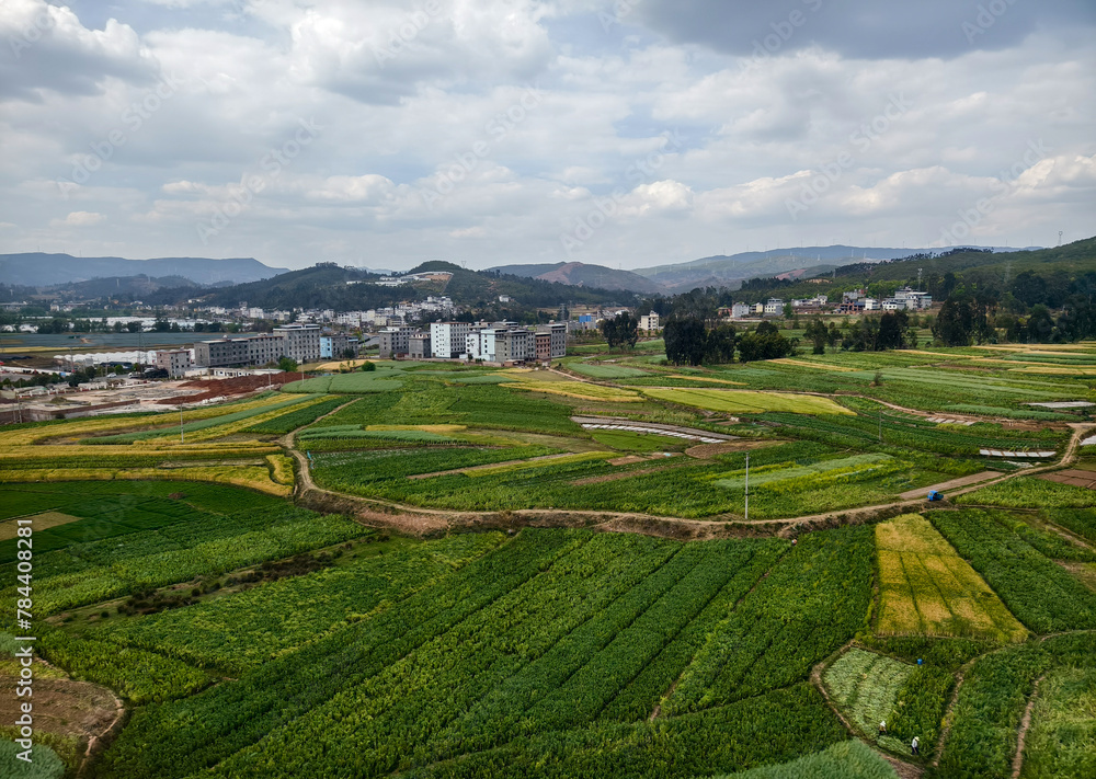 Aerial view of farmlands and towns in rural Yunnan Province in China
