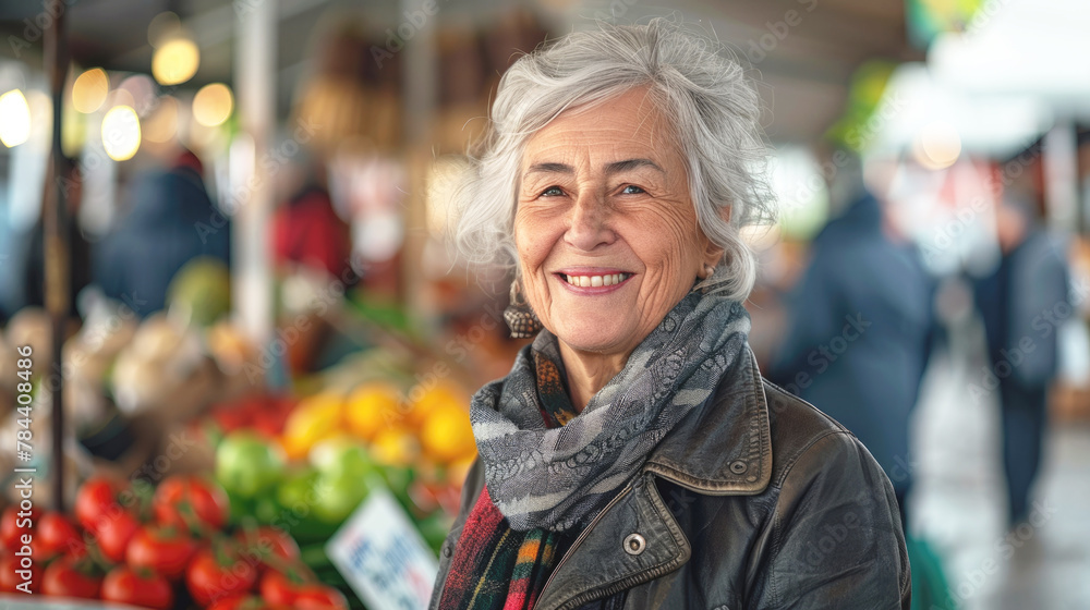 Portrait of smiling senior European woman at local street farmers market. Portrait of smiling senior European woman at local street farmers market.