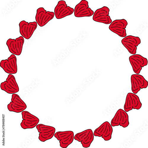 Round frame in cute red flower petals on white background. Vector image.