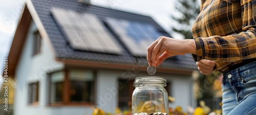 A woman puts a coin in a piggy bank in front of a house with installed solar panels on the roof, close-up. Economic benefits of renewable energy, generative ai photo