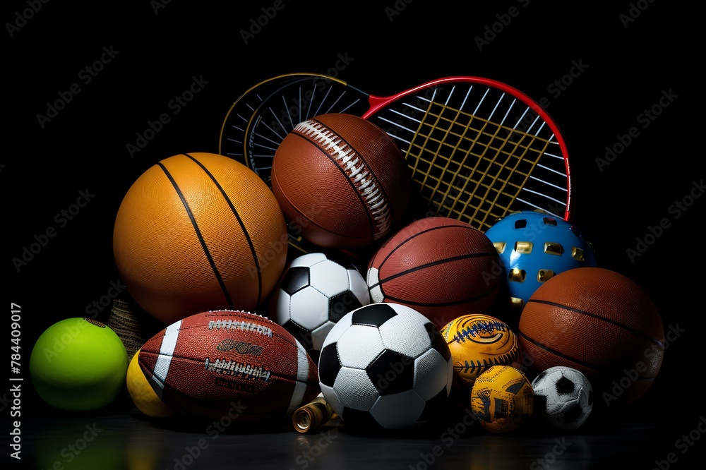 Assorted sports equipment, including a basketball, tennis racket, and soccer ball, arranged on a sleek black surface with copy space.