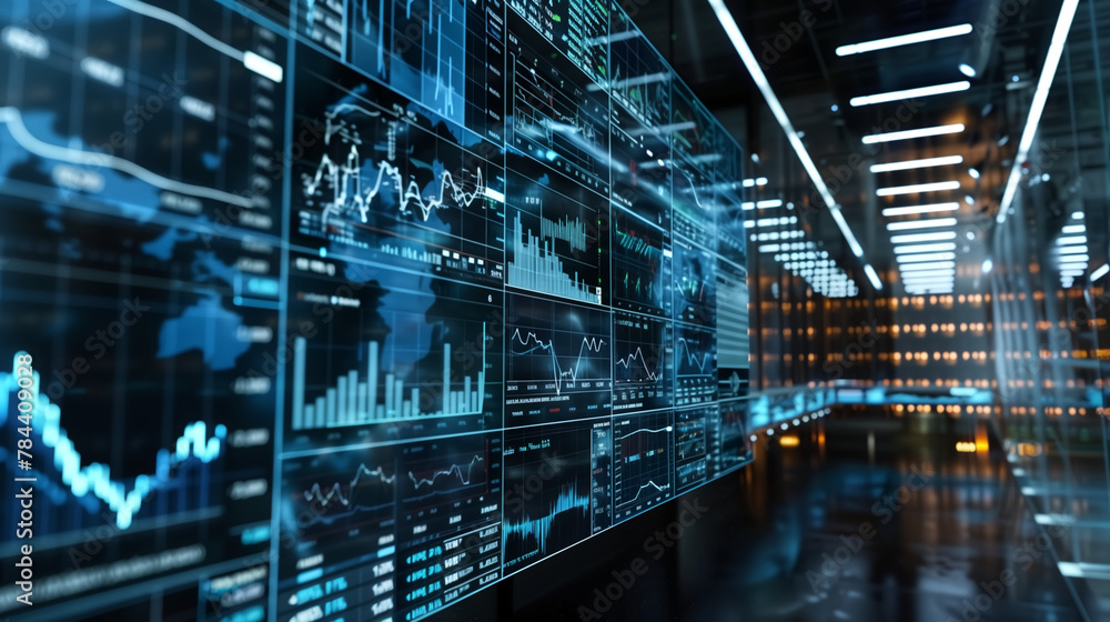Global stock market analysis displayed on a giant screen, comple Global stock market analysis displayed on a giant screen, comple