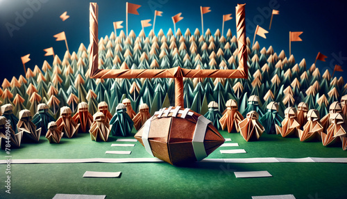 an American football scene with all elements made of origami