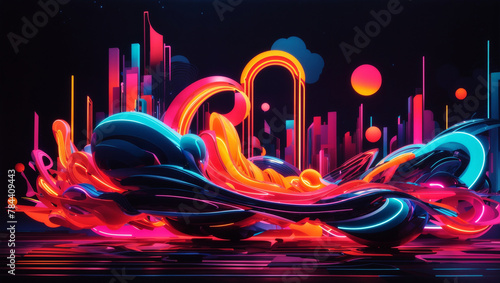 This is an abstract painting with bright colors and a lot of movement. There are no people or objects in the painting, just a lot of swirling colors and shapes.