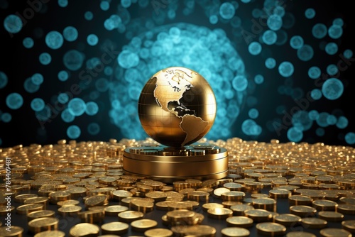 Globe on a gold coin platform with bokeh background