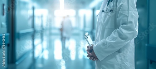 Health care and medicine. Medicine and technology. Doctor standing on hospital background