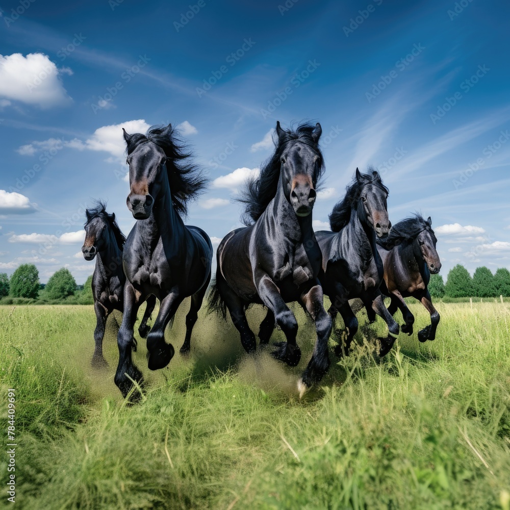 Herd of black horses running in a green field Herd of black horses running in a green field
