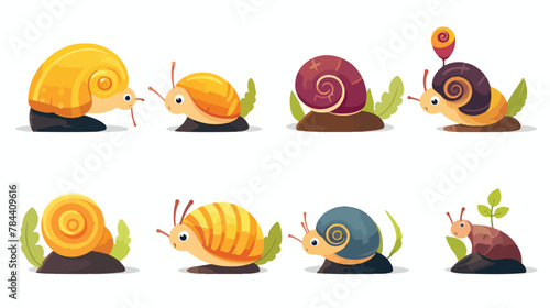 Funny snail characters flat set for web design. Car