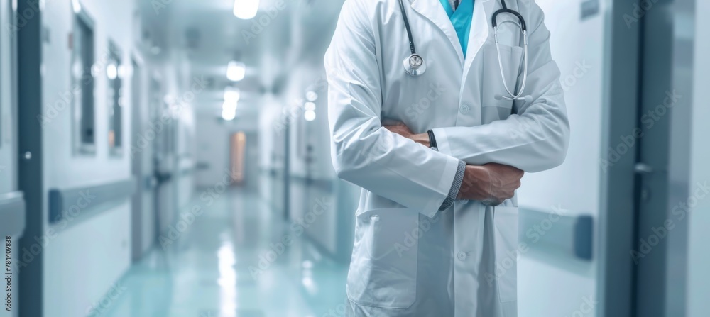Fototapeta premium Health care and medicine. Medicine and technology. Doctor standing on hospital background