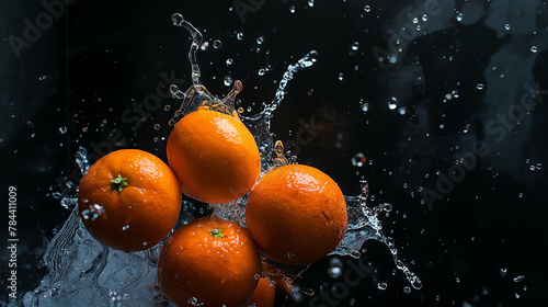  A bunch of ripe orange, with water droplets, falling into a deep black water tank, creating a colorful contrast and intricate splash patterns.