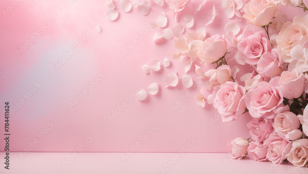 A pink background with pink roses in the corner.


