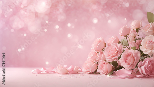 A pink background with pink roses in the corner.