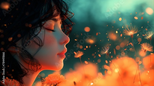AI generated illustration of a lovely woman stands in the breeze, scattering seeds photo