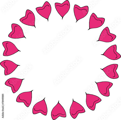 Round frame in wondrous bright pink flower petals on white background. Vector image.