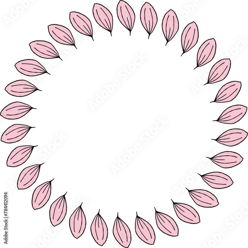Round frame in wondrous pink flower petals on white background. Vector image.