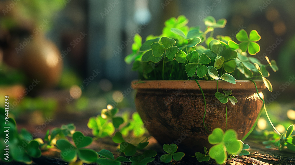 black pot full of gold coins and shamrock leaves. st. Patrick's Day abstract green background for design, banner, and invitation. digital art, generative ai black pot full of gold coins and shamrock leaves. st. Patrick's Day abstract green background for design, banner, and invitation. digital art, generative ai