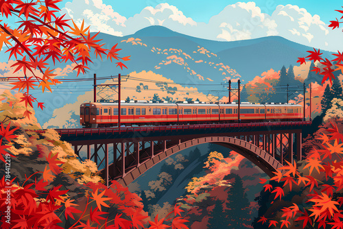 紅葉の陸橋と電車の風景 photo