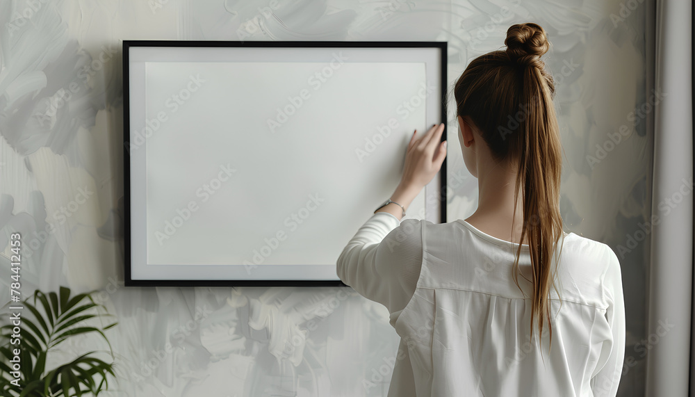 Young woman hanging blank frame on light wall at home, back view Young woman hanging blank frame on light wall at home, back view