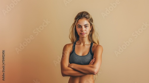 Confident Young Woman Standing With Arms Crossed Against Neutral Background