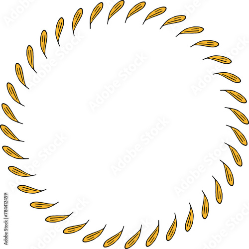 Round frame in wondrous yellow flower petals on white background. Vector image.