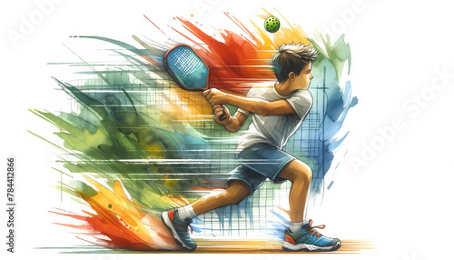 a boy in dynamic action, swinging his paddle with a pose that conveys the speed and enjoyment of pickleball