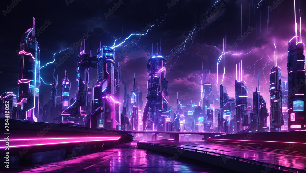 A digital painting of a futuristic city at night with glowing skyscrapers and lightning in the background.

