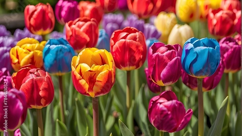 Vibrant tulips in a rainbow of colors blooming in a neat row