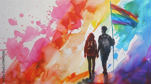 Two teenagers with lgtbq+ flags at the gay pride demonstration, Pride month concept photo
