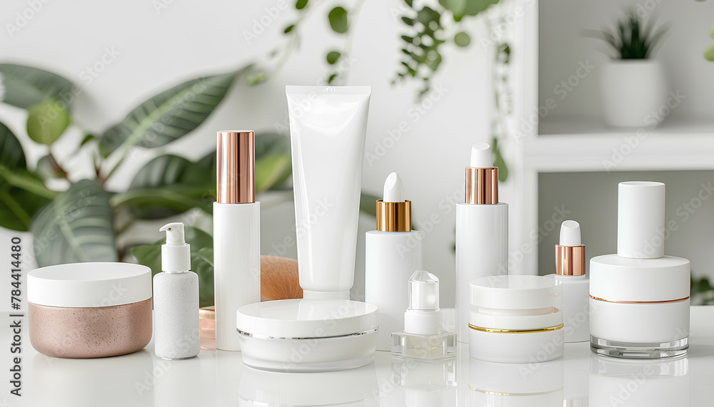 set of cosmetics on a white table on a white background set of cosmetics on a white table on a white background