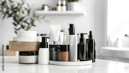 set of cosmetics on a white table on a white background