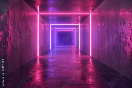 Illuminated room with modern futuristic pink and purple glowing neon light lines