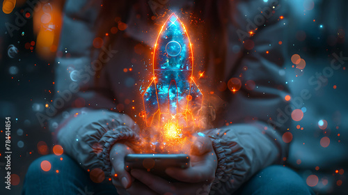 background with rocket fire and person use the phone