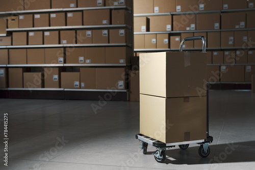 Distribution warehouse interior with delivery boxes and trolley © stokkete