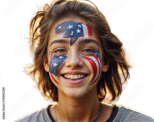 Young teenage students smilling in happiness with faces painted in the colors of the American flag, isolated on the white background