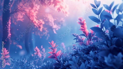 Exploring a futuristic forest where animated flora shift into abstract blue and pastel pink patterns  creating a tranquil and spacious environment.