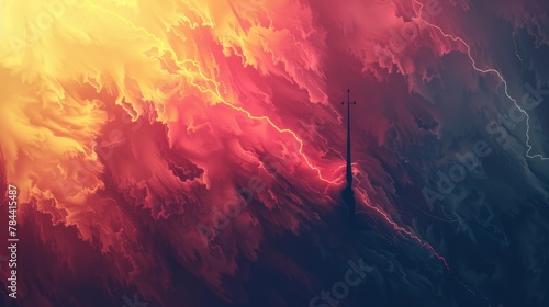 A dramatic dagger silhouette is electrified against an abstract background of light red and yellow, capturing the intense emotions of a stormy night with minimalist shading.