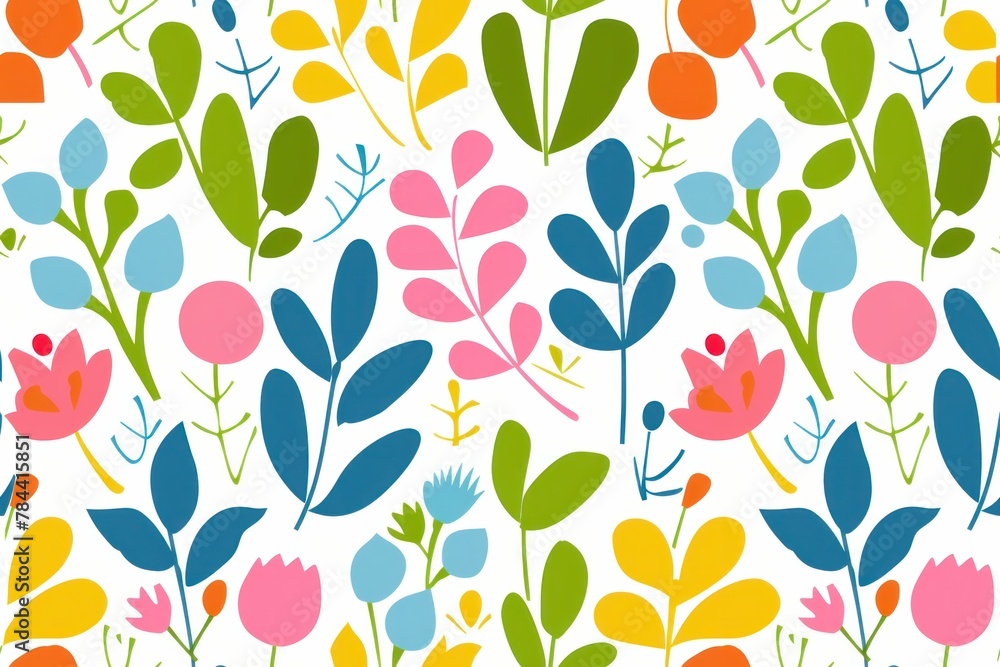 Vibrant Floral and Leaf Pattern with Blue, Green, and Pink Flowers on White Background Vibrant Floral and Leaf Pattern with Blue, Green, and Pink Flowers on White Background