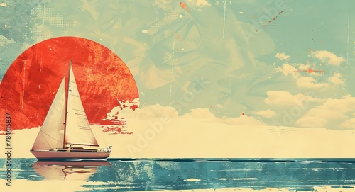 A nostalgic memory of sailing as a child is portrayed in a composite nutrifact style, with retro colors blending into an abstract background pattern.