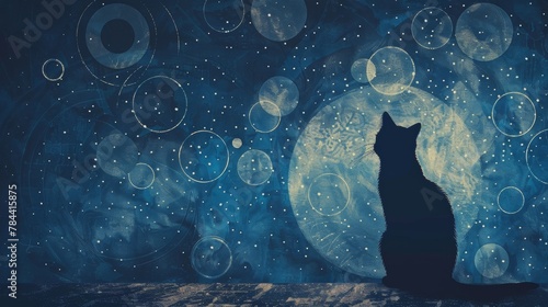A tranquil night scene with a cat silhouette against a minimalist blue pattern of unfolding circles, emphasizing negative space, under a starlit sky. photo